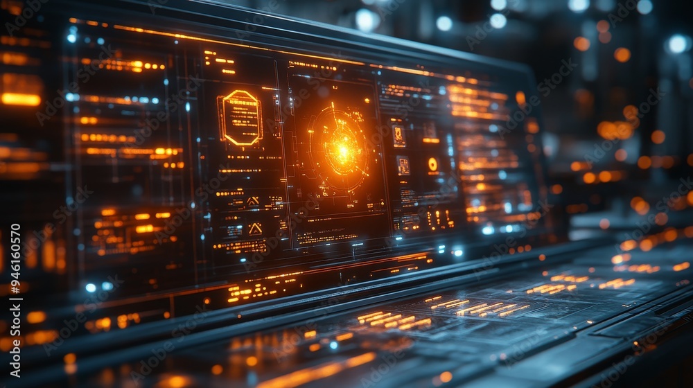 Poster a holographic interface showcases intricate steps and data points, illuminating a high-tech workspac