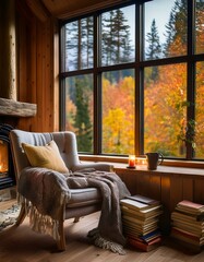 Fototapeta premium Cozy Cabin Retreat with Fireplace and Autumn Foliage View: A Warm, Inviting Space for Relaxation