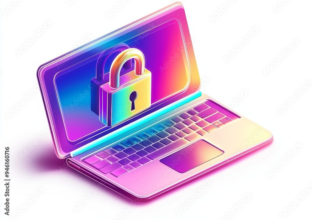 Poster an stock generative padlock rests on top of a laptop computer as a concept for cyber security and da