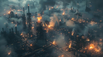 Fototapeta premium Aerial perspective of a city industrial area at night, with factories and warehouses illuminated, smoke rising from chimneys, and a network of glowing roads connecting the area