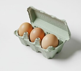 A tray of three eggs, showing the egg carton design patented by George E. Joseph in 1931.