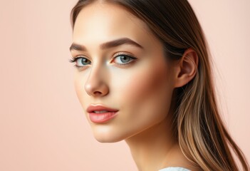 Fototapeta premium Close-up Portrait of a Young Woman with Long Brown Hair and Blue Eyes