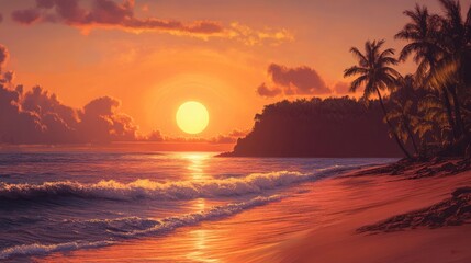 The sun sets on a tranquil tropical island, painting the sky in shades of orange and pink, with waves gently lapping the shore.