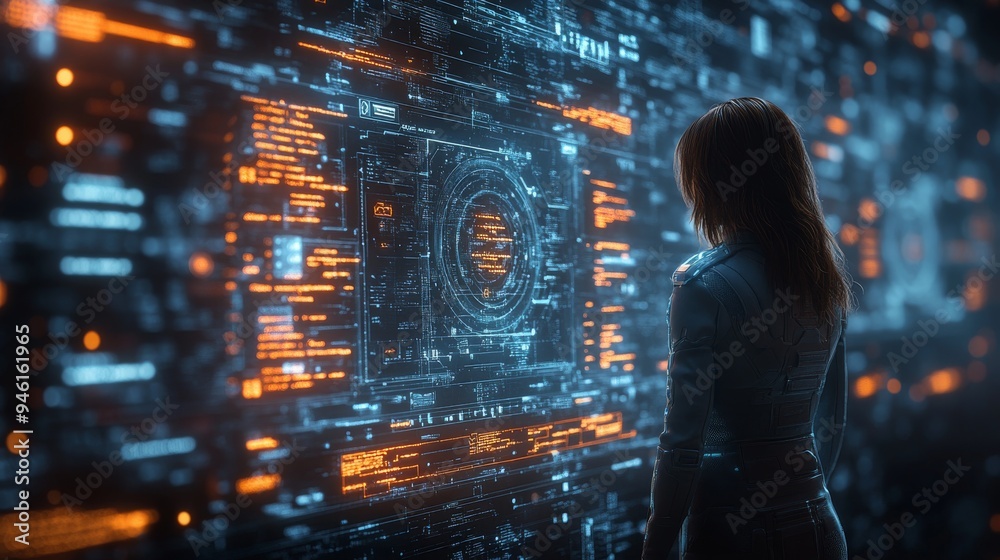 Poster a user engages with a vibrant holographic display that presents intricate data processes and steps i