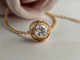 A gold necklace with a single diamond pendant on a grey background.