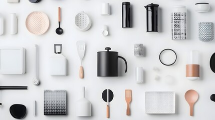 A meticulously arranged collection of everyday household items captured against a clean white background  The objects are positioned in visually striking geometric patterns