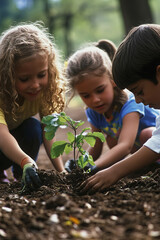 Children planting trees in a park
