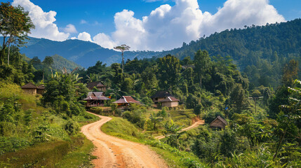 Fototapeta premium A winding dirt road leading through dense forests to a remote village nestled in the mountains, with traditional houses peeking through the trees under a clear blue sky