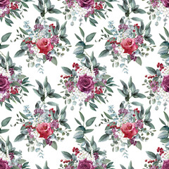 Watercolor seamless pattern with dark red roses and white peonies