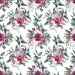 Fotobehang Tropische Bladeren Watercolor seamless pattern with dark red roses and white peonies  © WonderWonder