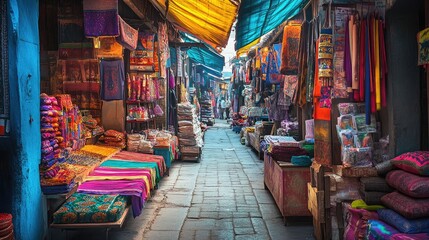 Fototapeta premium Empty Indian Bazaar at Dawn: The colorful stalls of a traditional Indian bazaar, filled with vibrant goods