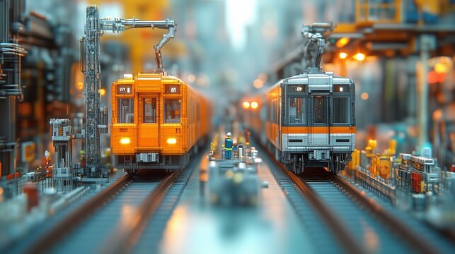 Two yellow trams run on parallel tracks against a blurred urban landscape
