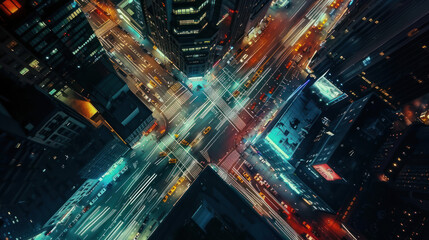 Obraz premium Aerial shot of a downtown area illuminated by city lights, with cars streaming down busy roads, creating trails of light, and the buildings glowing with neon signs