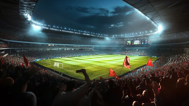 A large stadium with bright lights and green grass, full of cheering fans at night Generative AI