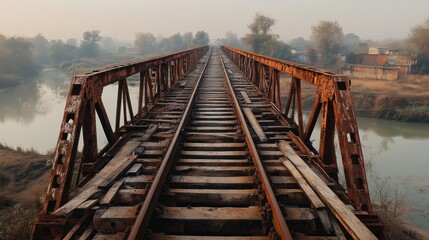 Obraz premium Empty Indian Railway Bridge: A deserted railway bridge spanning a river in rural India, with rusted tracks and a sense