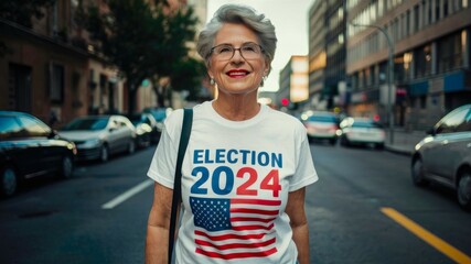 Senior female american citizen in a white t-shirt printed with "Election 2024" and an American flag, reflecting the presidential election concept for 2024.