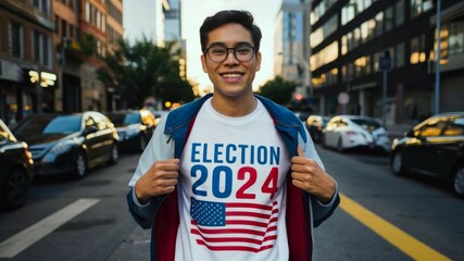 Young man in a white t-shirt with an American flag and "Election 2024" print, reflecting the USA presidential election 2024 concept.