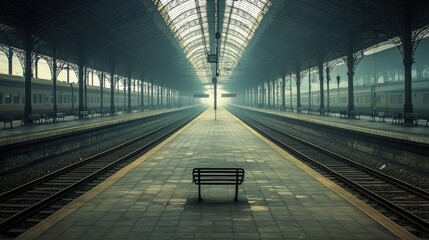 Empty Indian Railway Station Platform: An empty platform at a large railway station in India, with long rows of benches