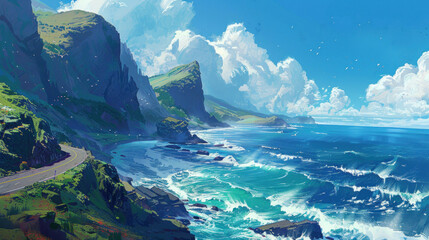 A winding road hugging the edge of a rugged coastline, with crashing waves below and cliffs rising above, the ocean stretching out under a clear blue sky