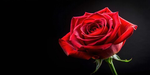 Vibrant red rose flower set against a dark black background