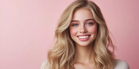 Naklejka premium Smiling young woman with long blonde hair on a pastel background for hair salon advertising