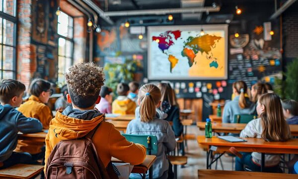 A group of engaged students focuses intently on a vibrant classroom presentation featuring a colorful world map, immersed in learning about geography and cultures