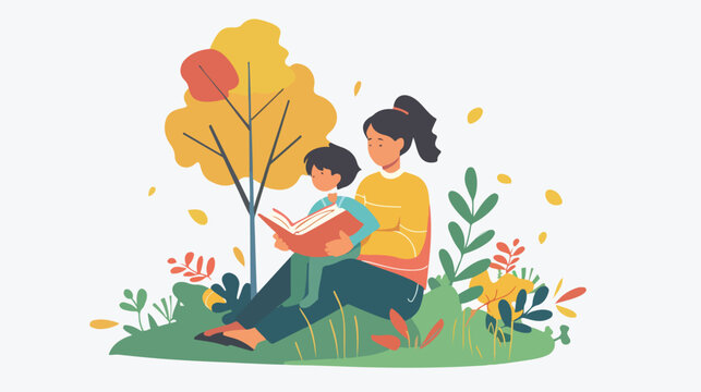 Young Boy Reading Book Outdoors in Park