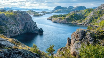 Fototapeta premium A remote archipelago with rugged cliffs and hidden coves, surrounded by the deep blue ocean.