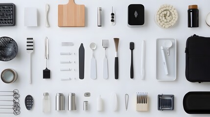 Carefully Arranged Diverse Range of Household Items on a Clean White Backdrop with High Key Lighting Creating a Visually Appealing and Minimalist Composition
