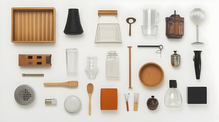 Obraz premium Carefully composed and thoughtfully positioned assortment of familiar household items on a clean white background showcasing a minimalist Constructivist inspired visual aesthetic