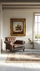 Inviting Farmhouse style Living Room with Whitewashed Wooden Floors Plush Area Rug Tufted Leather Armchair and Ornate Gilded Frame with Still Life Painting Bathed in Warm Natural Daylight