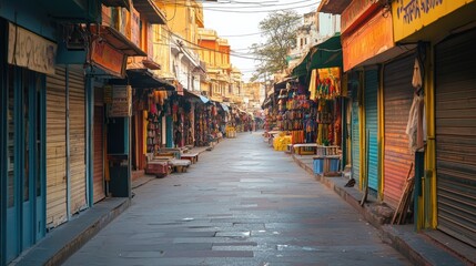 Fototapeta premium Empty Jaipur Market: An early morning shot of Jaipura vibrant market streets, with colorful stalls and shops closed
