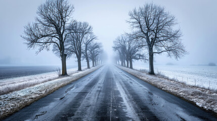Fototapeta premium A straight road through an open countryside in winter, lined with bare trees dusted with snow, the road wet from melting ice, and fog rolling in from the horizon