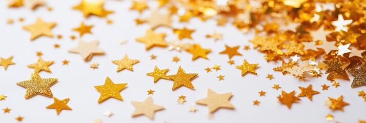 A close-up of gold stars and glitter on a white background.