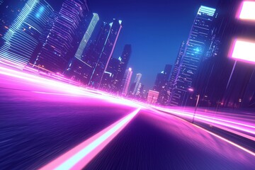 The speed light trails move through smart modern mega cities and skyscrapers towns. The background is neon futuristic technology with motion effects, high speed light, and stock.