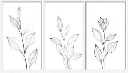  3-Panel Wall Art Set Featuring Abstract Botanical Designs in Black and White, Simple Line Drawings of Floral Leaves with White Frame Borders