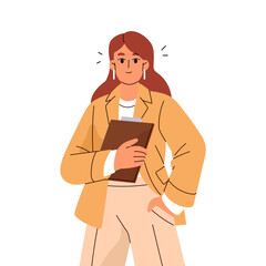 Happy businesswoman in suit standing. Employee, business woman holds tablet in hand. Office worker, leader with idea smiles. Effective management. Flat isolated vector illustration on white background