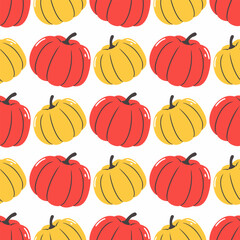 Seamless pattern with pumpkins. Red, green, yellow and pink pumpkins on white background. Vector illustration.
