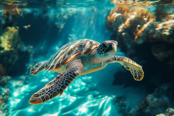 Fototapeta premium A sea turtle swims in the blue transparent water of the ocean.