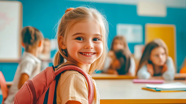 Ni&ntilde;a con mochila en su primer d&iacute;a de la vuelta al cole sentada en su pupitre de clase