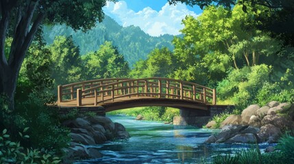 wooden bridge over the river in anime style