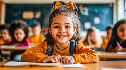 Niña con mochila en su primer día de la vuelta al cole sentada en su pupitre de clase