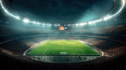 A large stadium with bright lights and green grass, full of cheering fans at night Generative AI