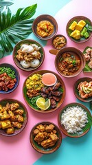 An array of colorful Indonesian dishes displayed beautifully, featuring rice, meats, vegetables, and unique sauces, inviting a culinary exploration