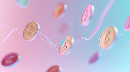 Fototapeta premium Financial concept illustration featuring floating coins in pastel hues against a soft gradient background. The abstract design symbolizes money flow and investment in a modern economy.