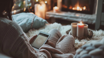 A social media account dedicated to mental wellness, with posts about meditation, therapy, and self-care, viewed on a tablet in a tranquil setting