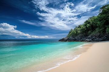 Fototapeta premium A beautiful beach with clear blue water and a lush green forest in the background.