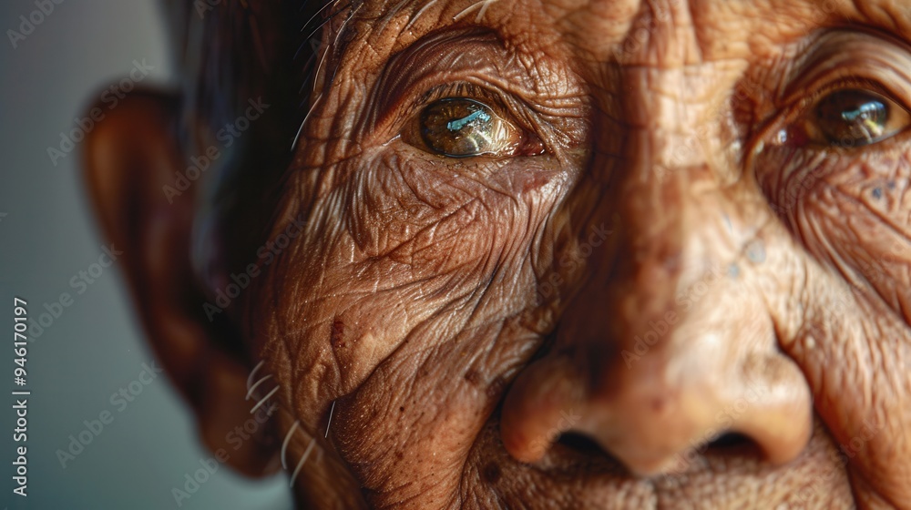 Poster a close-up portrait of an elderly man highlights the deep lines of experience and the calmness in hi