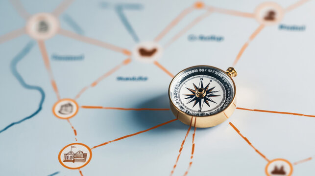 A road map with milestones such as Education, Home Ownership, and Retirement, with life insurance represented as a compass guiding the way, symbolizing life insurance as a tool for future planning