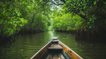 A small boat navigating through a narrow, hidden waterway in a mangrove forest, with dense greenery and wildlife all around, offering a unique, off-the-beaten-path experience